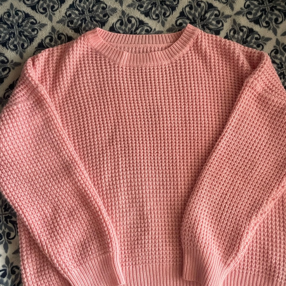 SHEIN Pink Crew Neck Sweater with Waffle Knit Texture